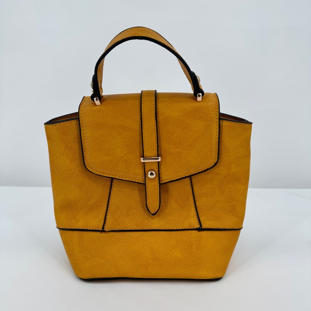 Mustard Yellow Faux Leather Convertible Backpack Crossbody HandBag Gold Hardware